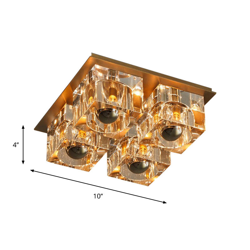Minimalist Crystal Block 4 - Head Brass Ceiling Light For Bedroom Flushmount Lighting