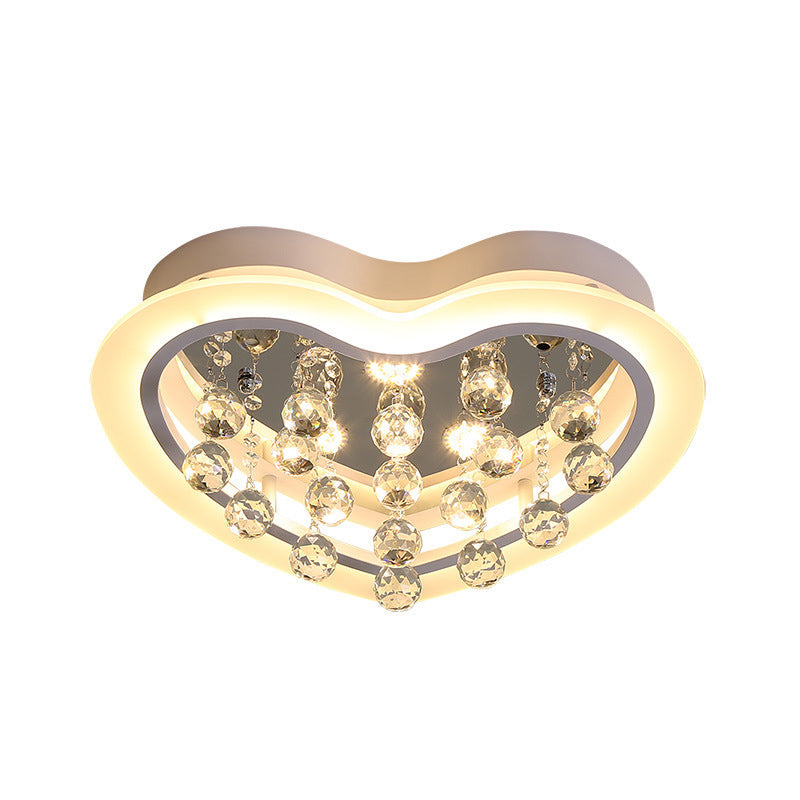Minimalist Led Heart Ceiling Light In White With Crystal Orb - 16’/19.5’ Acrylic Flush Fixture