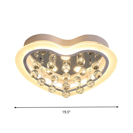 Minimalist Led Heart Ceiling Light In White With Crystal Orb - 16/19.5 Acrylic Flush Fixture For