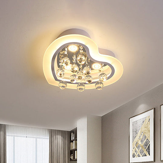 Minimalist Led Heart Ceiling Light In White With Crystal Orb - 16’/19.5’ Acrylic Flush Fixture