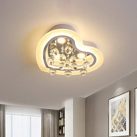 Minimalist Led Heart Ceiling Light In White With Crystal Orb - 16/19.5 Acrylic Flush Fixture For