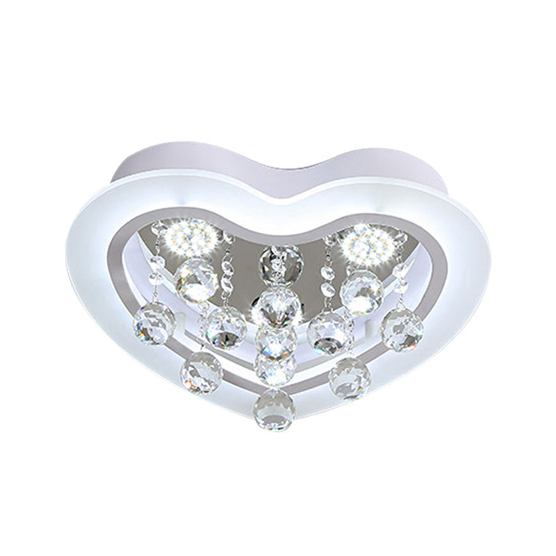 Minimalist Led Heart Ceiling Light In White With Crystal Orb - 16’/19.5’ Acrylic Flush Fixture