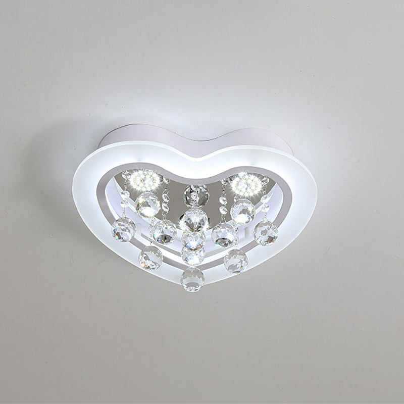 Minimalist Led Heart Ceiling Light In White With Crystal Orb - 16’/19.5’ Acrylic Flush Fixture