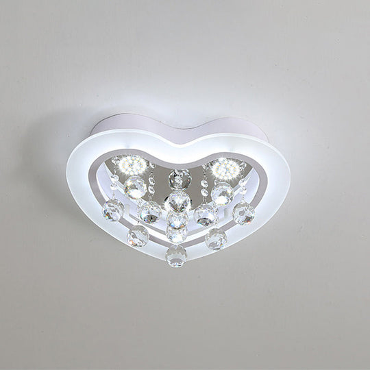 Minimalist Led Heart Ceiling Light In White With Crystal Orb - 16/19.5 Acrylic Flush Fixture For