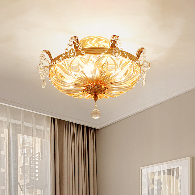Semi Flush Amber Crystal Glass Brass 5 - Bulb Modern Light Fixture For Bedroom