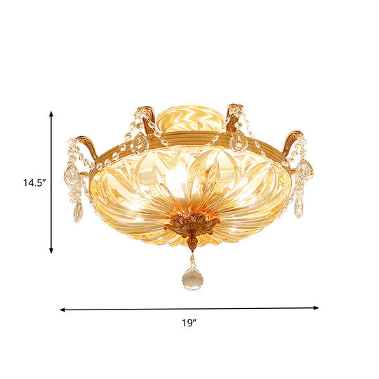 Semi Flush Amber Crystal Glass Brass 5 - Bulb Modern Light Fixture For Bedroom