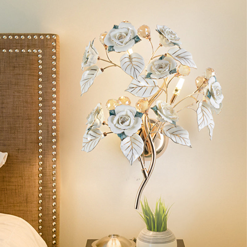 Modern Faceted Crystal Flower Sconce - Wall Mounted Bedroom Light Fixture With 3 Bulbs