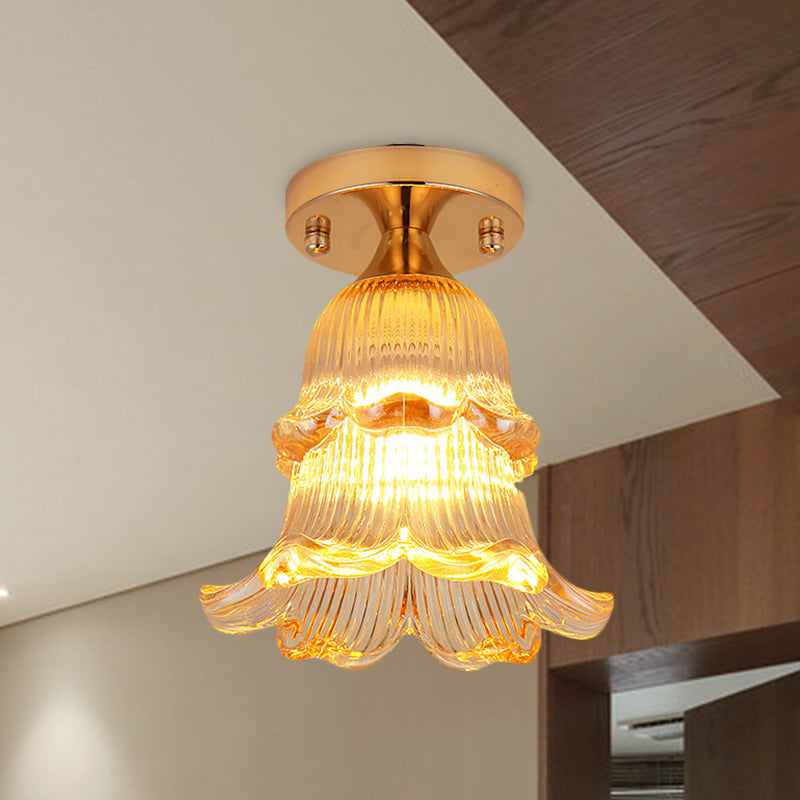 Amber Crystal Flower Corridor Ceiling Light With Gold Finish Flush Mount Single Bulb