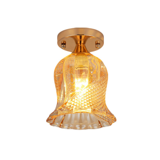 Amber Crystal Flower Corridor Ceiling Light With Gold Finish Flush Mount Single Bulb