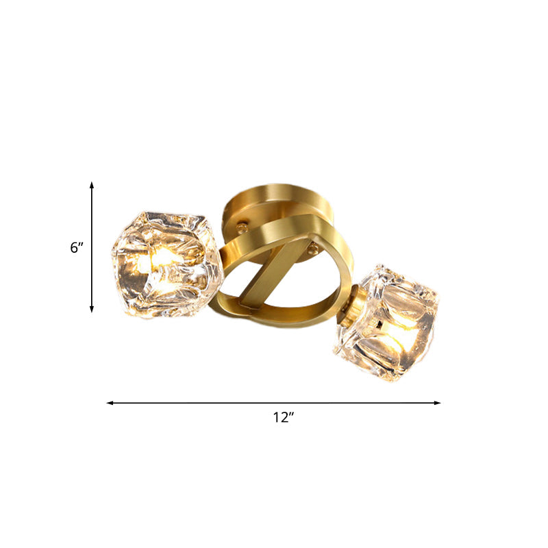 Minimalist Crystal Block Flush Ceiling Light In Brass - 2 - Light Semi Mount Fixture