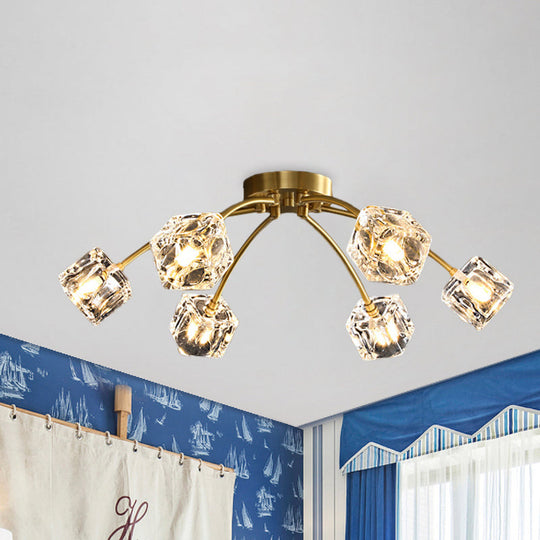 Cubic Restaurant Semi Flush Light With Clear Crystal Block - 6 - Light Brass Mount