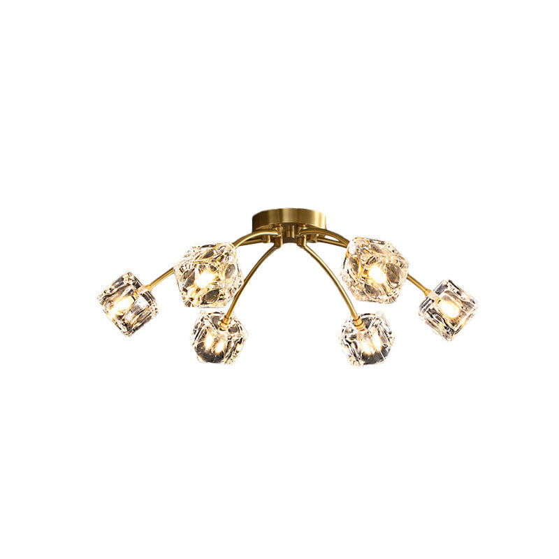 Cubic Restaurant Semi Flush Light With Clear Crystal Block - 6 - Light Brass Mount