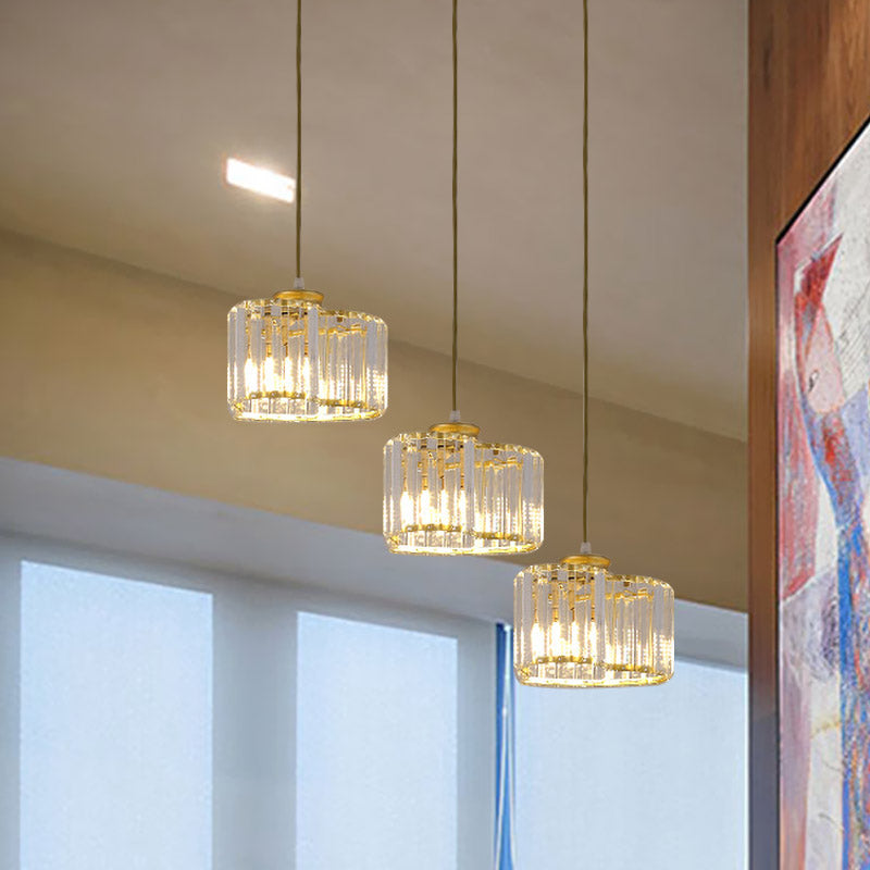 Modernist Crystal Cluster Pendant Lights In Gold - 3 Head Suspension Lighting For Restaurants