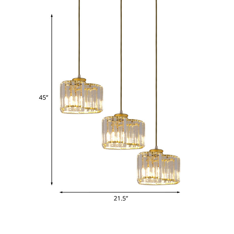 Modernist Crystal Cluster Pendant Lights In Gold - 3 Head Suspension Lighting For Restaurants
