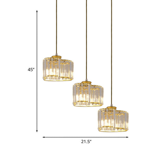 Gold Modernist Heart Cluster Pendant With Clear Crystal Blocks - 3 Head Suspension Lighting For