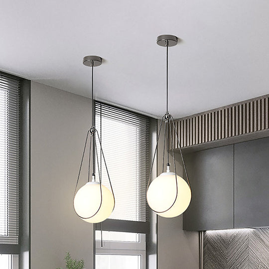 Modern White Glass Orb Pendant Light With Teardrop Iron Frame - Restaurant Hanging Lamp Kit
