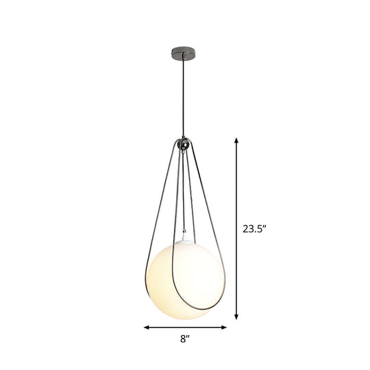 Modern White Glass Orb Pendant Light With Teardrop Iron Frame - Restaurant Hanging Lamp Kit