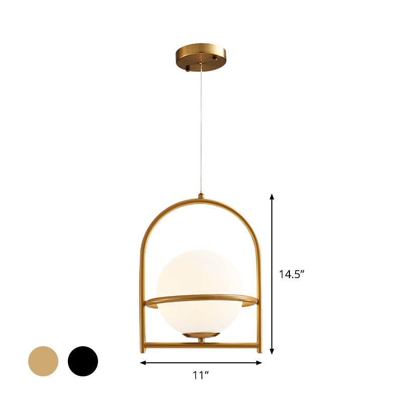 Modern Ball Suspension Light with Birdcage Design Opal Glass 1 Bulb 9’’/11’’ Wide Bedside Ceiling Fixture - Black/Gold