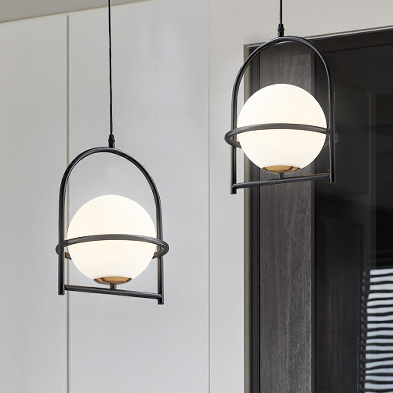 Opal Glass Ball Light With Birdcage Design - Modern Ceiling Fixture For Bedside Black/Gold 9/11