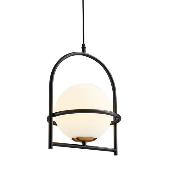 Opal Glass Ball Light With Birdcage Design - Modern Ceiling Fixture For Bedside Black/Gold 9/11
