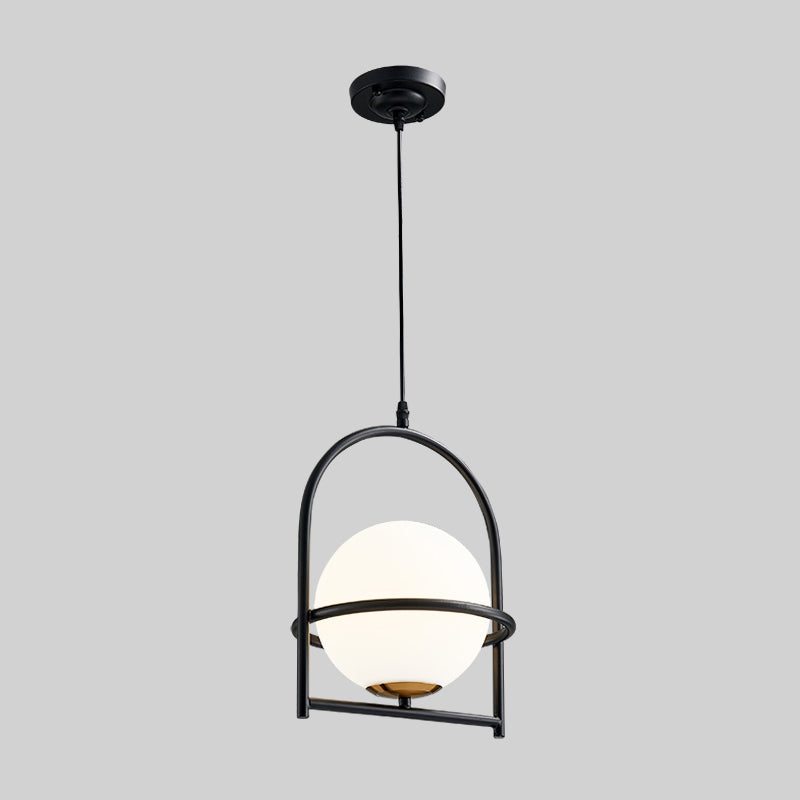 Modern Ball Suspension Light with Birdcage Design Opal Glass 1 Bulb 9’’/11’’ Wide Bedside Ceiling Fixture - Black/Gold