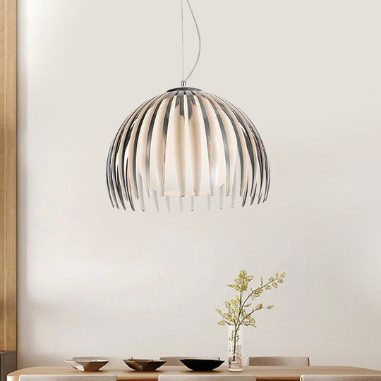 Modern Chrome Dome Pendant Lamp With Opal Glass Shade & Metal Pendulum
