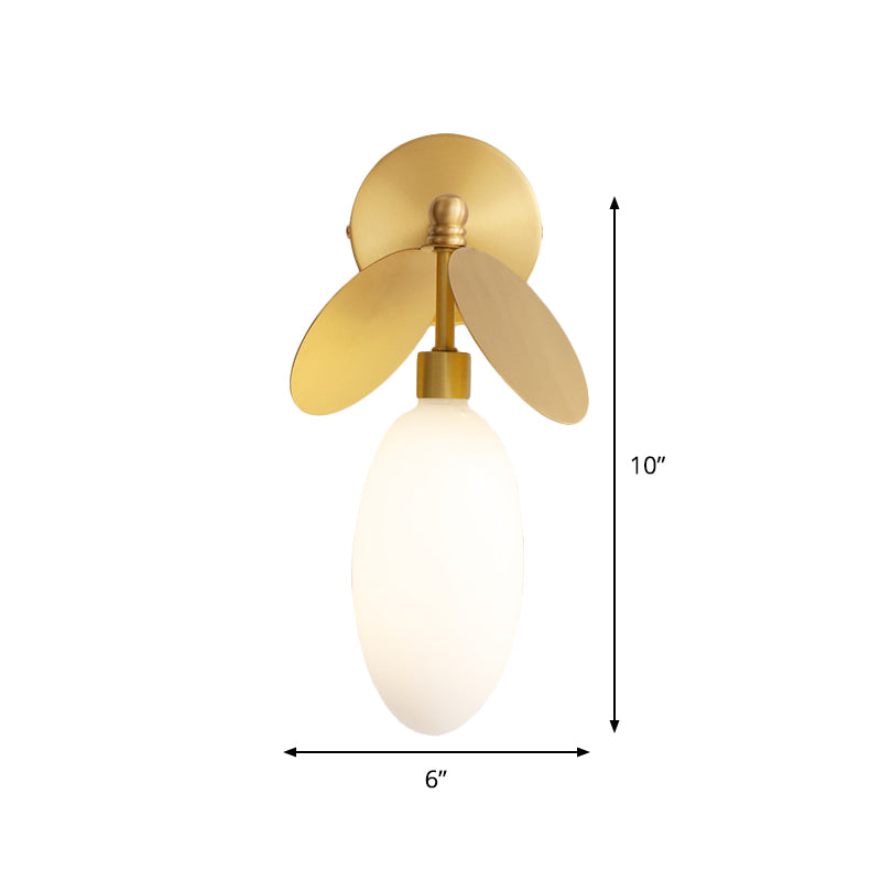 Modern Globe/Oval Wall Mount Lamp With Cream Glass - Brass Bedside Light Leaf Deco