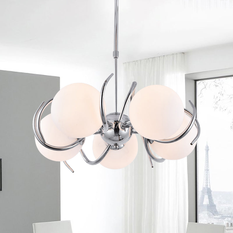 Modern Cream Glass Pendant Chandelier With Spherical Design - 5-Head Chrome Twisted Hanging Light