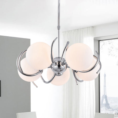Sleek 5-Light Cream Glass Spherical Pendant Chandelier With Chrome Twisted Hanging Kit