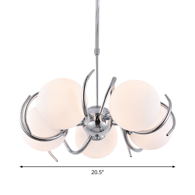 Modern Cream Glass Pendant Chandelier With Spherical Design - 5-Head Chrome Twisted Hanging Light