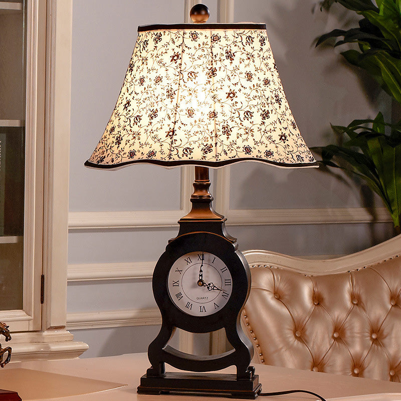 Reagan - Black 1-Bulb Desk Lamp Classic Fabric Flared Flower Patterned Table Light With Clock Design