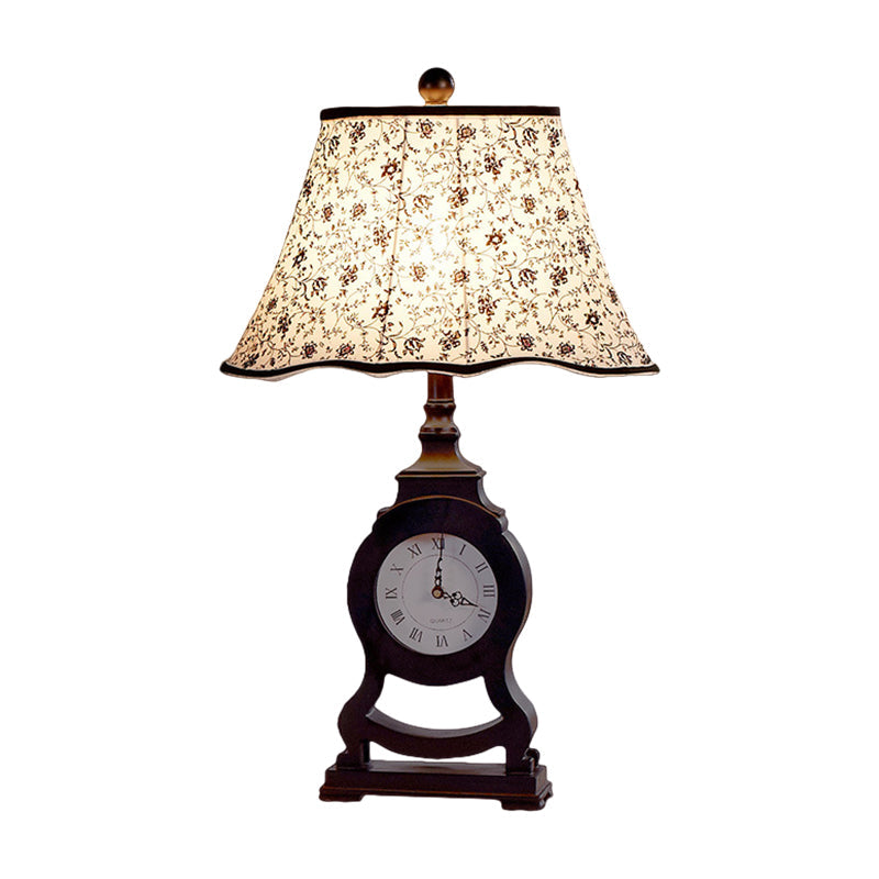 Reagan - Black 1-Bulb Desk Lamp Classic Fabric Flared Flower Patterned Table Light With Clock Design