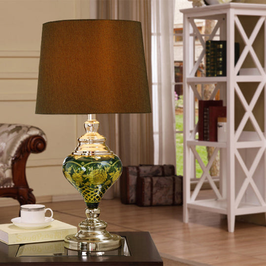 Simona - Brown 1 Light Desk Lamp Country Tapered Drum Fabric Nightstand In With Vase Base