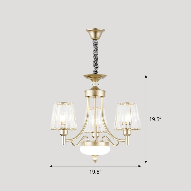 Gold Minimalist Cone Pendant Light With Clear Crystal Blocks - 3/6 Bulbs Perfect For Bedroom