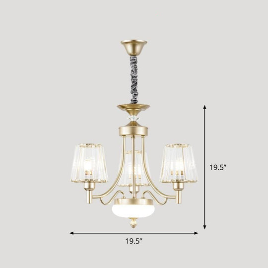 Gold Minimalist Cone Pendant Light With Clear Crystal Blocks - 3/6 Bulbs Perfect For Bedroom