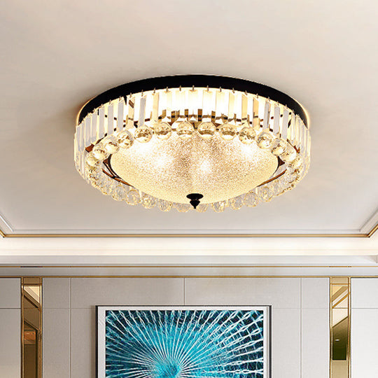 5 - Bulb Textured Glass Dome Flush Mount Light In Black With Crystal Accent