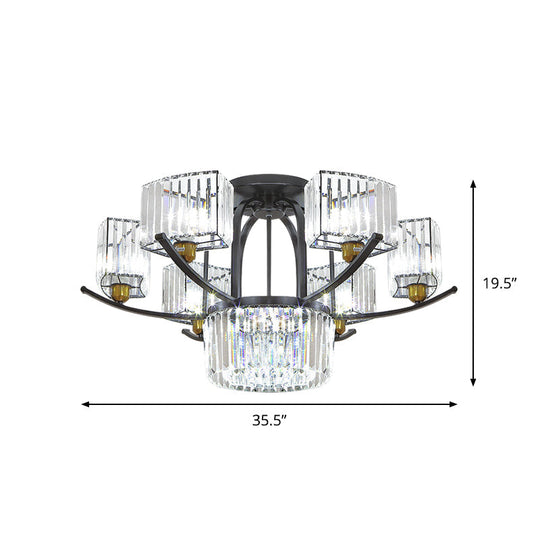 Modern Sputnik Crystal Block Flush Light Fixture - 9/12 Head Semi Mount In Black