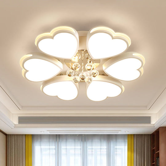 Modern Heart - Shaped Acrylic Flush Mount Light With Crystal Ball - 6 Bulbs White Perfect For