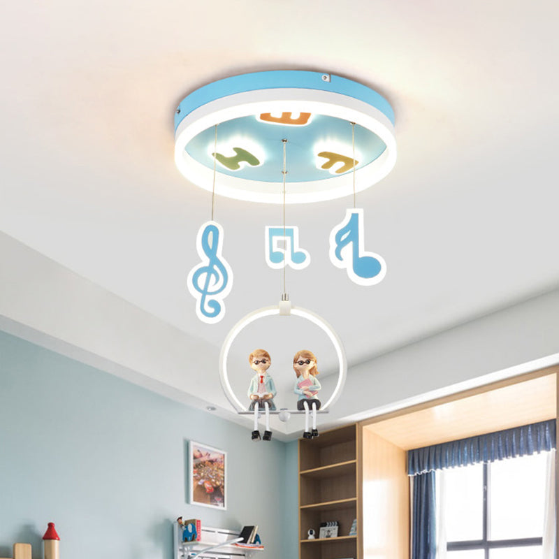 Musical Note Led Ceiling Light With Adorable Boy And Girl Resin Figures - Blue Acrylic Flush Mount