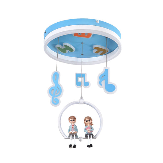 Musical Note Led Ceiling Light With Adorable Boy And Girl Resin Figures - Blue Acrylic Flush Mount