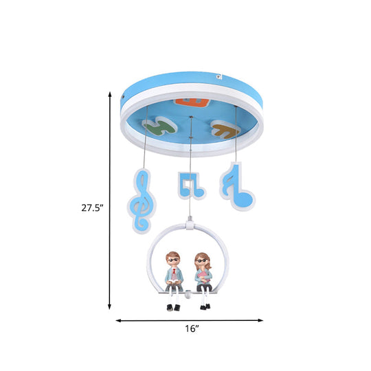 Musical Note Led Ceiling Light With Adorable Boy And Girl Resin Figures - Blue Acrylic Flush Mount