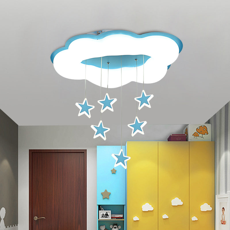 Cartoon Cloud And Star Flushmount Led Ceiling Light For Bedroom - Acrylic Pink/Blue Design