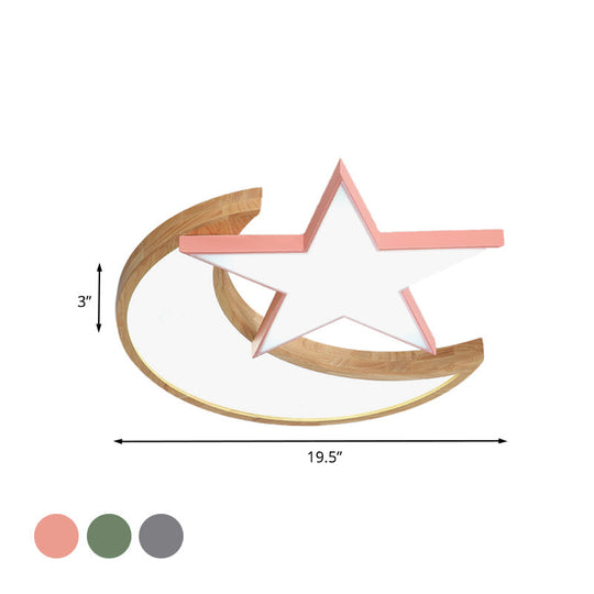 Minimalistic Led Bedroom Flush Light Fixture In Grey/Pink/Green With Moon And Star Acrylic Shade