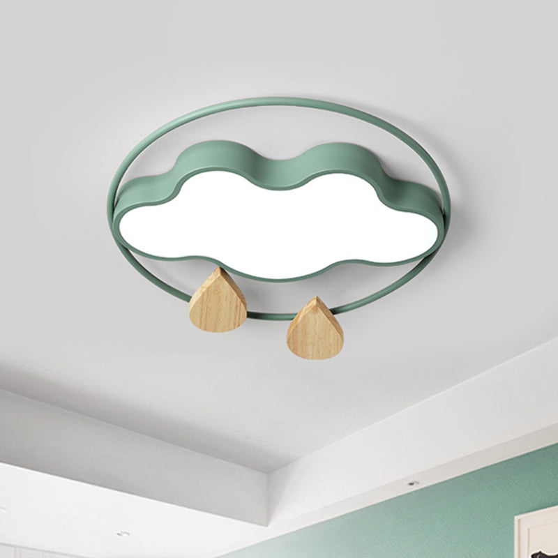 Modern Cloud Bedroom Ceiling Light With Acrylic Led Wood Raindrop Design (Grey/White/Green) Green