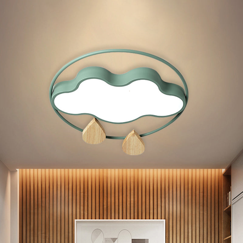 Modern Cloud Bedroom Ceiling Light With Acrylic Led Wood Raindrop Design (Grey/White/Green)