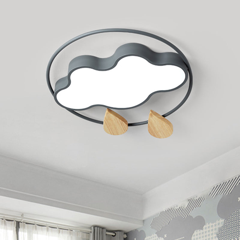 Modern Cloud Bedroom Ceiling Light With Acrylic Led Wood Raindrop Design (Grey/White/Green)