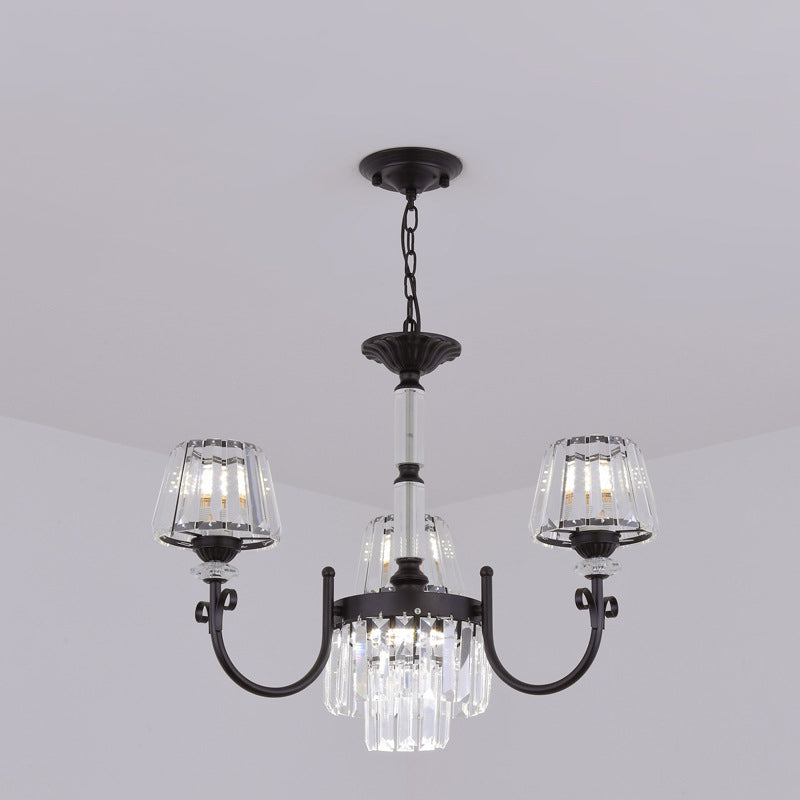 Modern Tapered Crystal Suspension Light With 3/6 Heads - Black Dining Room Chandelier Lamp