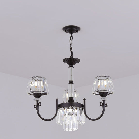 Modern Tapered Crystal Suspension Light With 3/6 Heads - Black Dining Room Chandelier Lamp