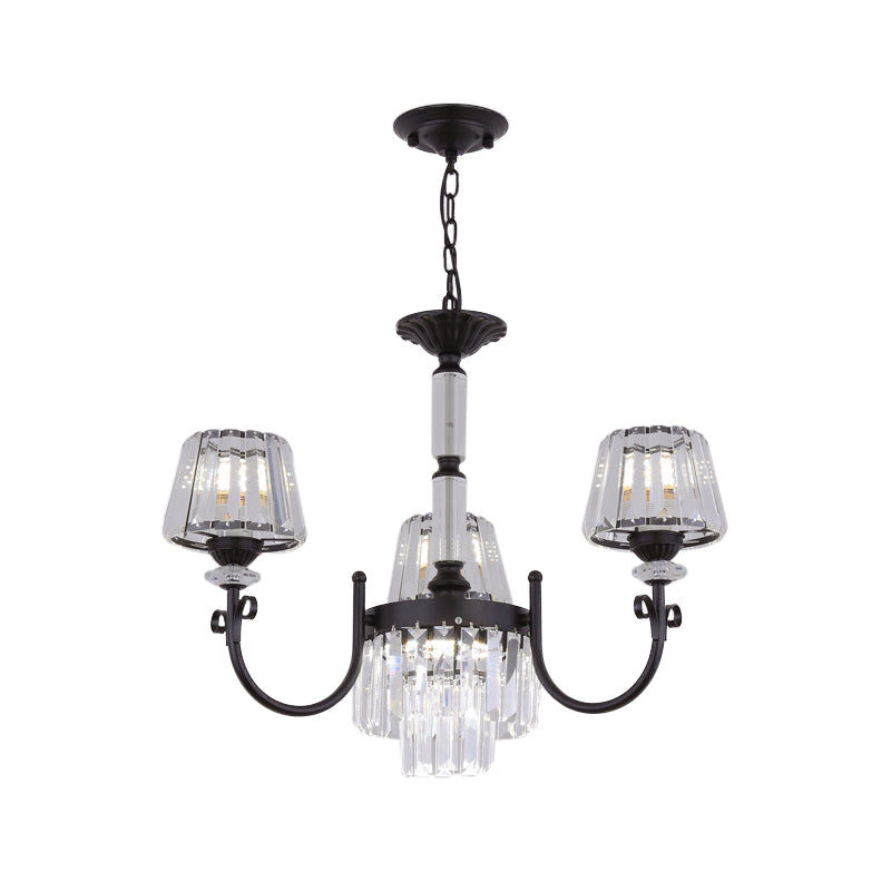 Modern Tapered Crystal Suspension Light With 3/6 Heads - Black Dining Room Chandelier Lamp