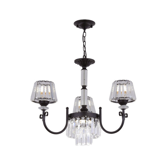 Modern Tapered Crystal Suspension Light With 3/6 Heads - Black Dining Room Chandelier Lamp